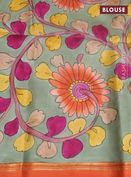 Pure soft silk saree dual shade of pinkish orange and pastel green with plain body and kalamkari hand printed pallu