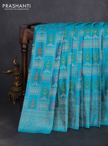 Banarasi silk saree cs blue with allover zari woven brocade weaves and zari woven border