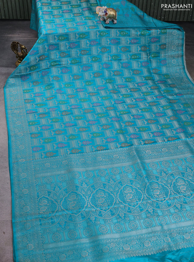Banarasi silk saree cs blue with allover zari woven brocade weaves and zari woven border