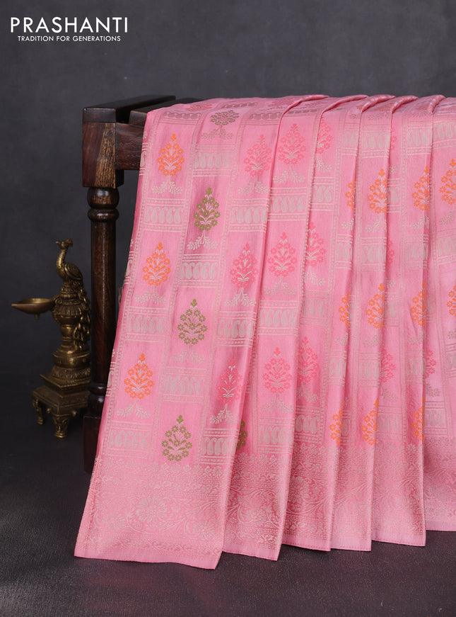 Banarasi silk saree light pink with allover zari woven brocade weaves and zari woven border