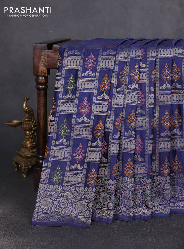 Banarasi silk saree navy blue with allover zari woven brocade weaves and zari woven border