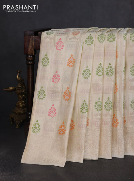 Banarasi silk saree cream with allover zari woven brocade weaves and zari woven border