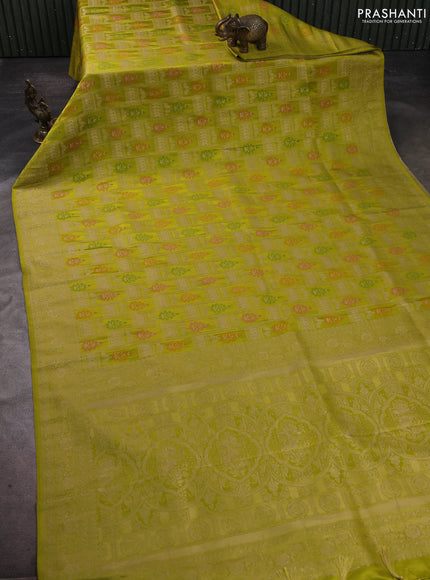 Banarasi silk saree lime green with allover zari woven brocade weaves and zari woven border