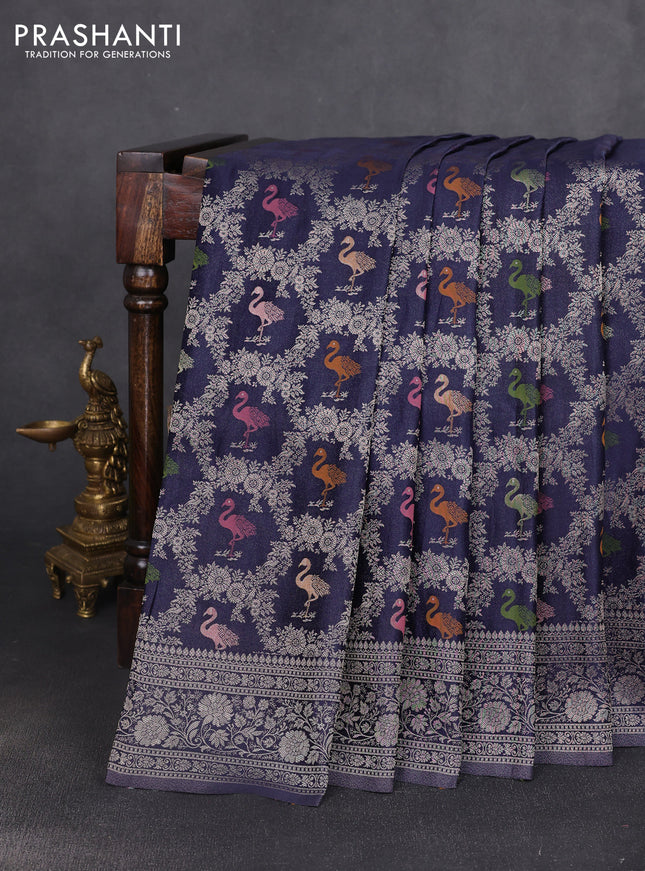Banarasi silk saree navy blue with allover zari woven brocade weaves and zari woven border