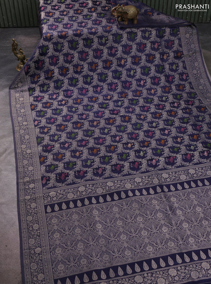 Banarasi silk saree navy blue with allover zari woven brocade weaves and zari woven border