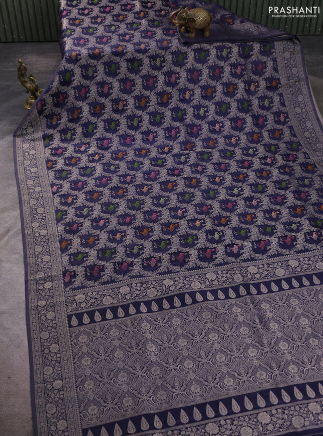 Banarasi silk saree navy blue with allover zari woven brocade weaves and zari woven border