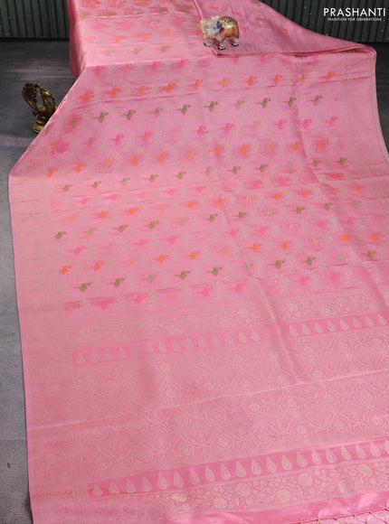 Banarasi silk saree mild peach pink with allover zari woven brocade weaves and zari woven border