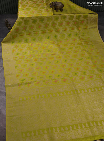 Banarasi silk saree lime green with allover zari woven brocade weaves and zari woven border