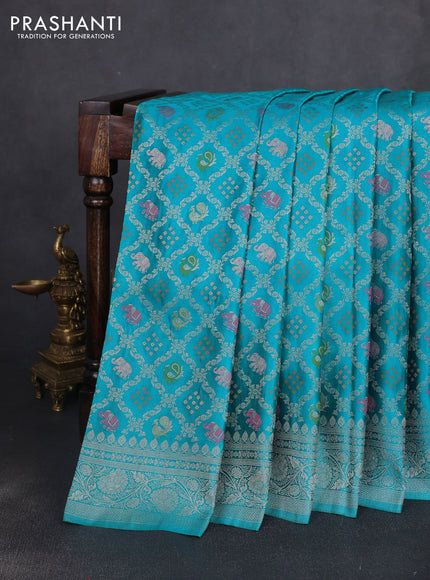 Banarasi silk saree teal blue with allover zari woven brocade weaves and zari woven border