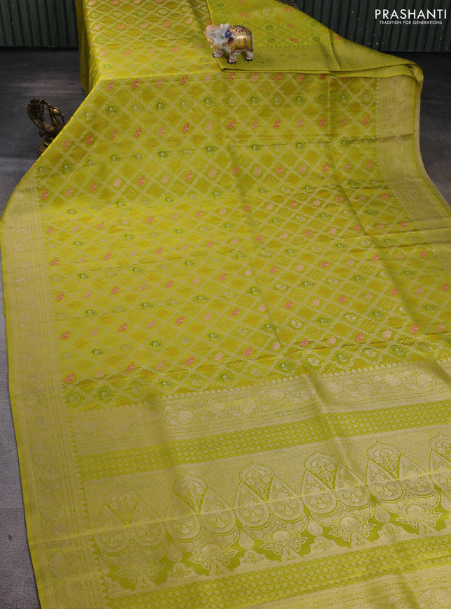 Banarasi silk saree lime green with allover zari woven brocade weaves and zari woven border
