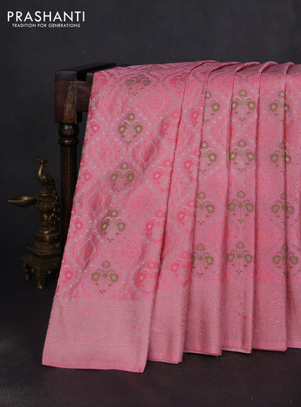 Banarasi silk saree mild peach pink with allover zari woven brocade weaves and zari woven border