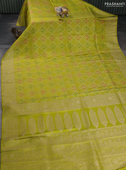 Banarasi silk saree lime green with allover zari woven brocade weaves and zari woven border