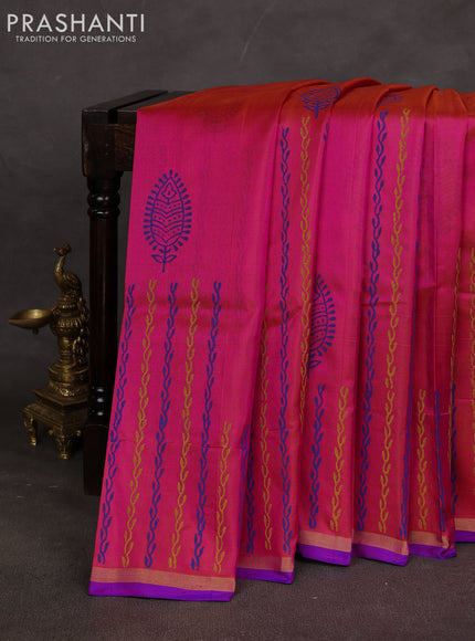 Uppada block printed saree dual shade of pinkish orange and royal blue with prints and small zari woven border