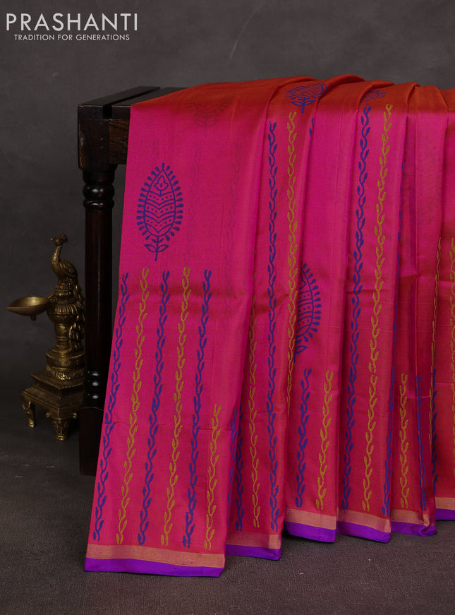 Uppada block printed saree dual shade of pinkish orange and royal blue with prints and small zari woven border