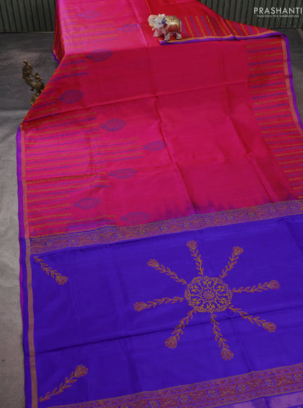 Uppada block printed saree dual shade of pinkish orange and royal blue with prints and small zari woven border