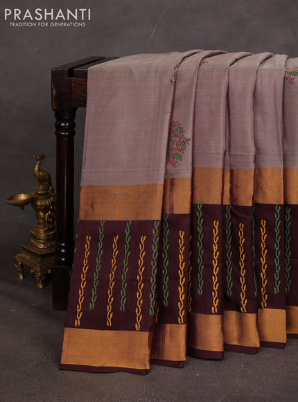 Uppada block printed saree grey and coffee brown with butta prints and long printed zari woven border