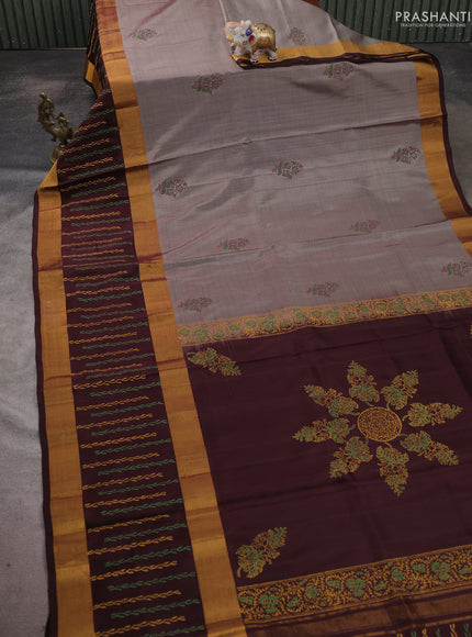 Uppada block printed saree grey and coffee brown with butta prints and long printed zari woven border