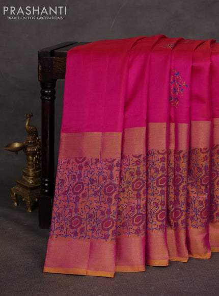 Uppada block printed saree pink and dual shade of mustard yellow with butta prints and long printed zari woven border
