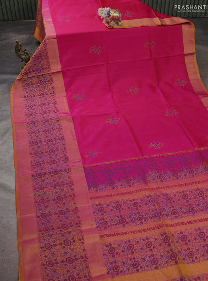 Uppada block printed saree pink and dual shade of mustard yellow with butta prints and long printed zari woven border