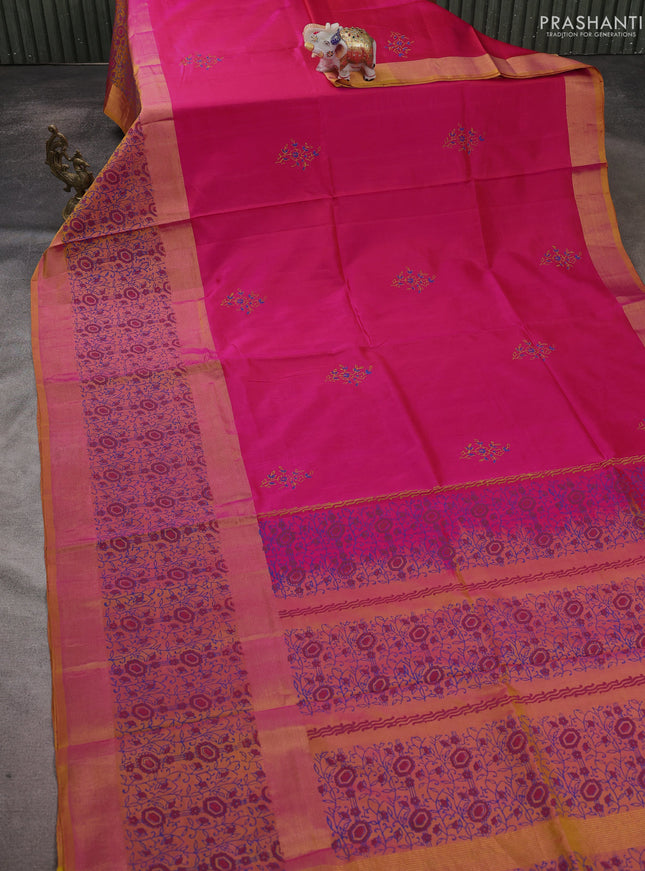 Uppada block printed saree pink and dual shade of mustard yellow with butta prints and long printed zari woven border