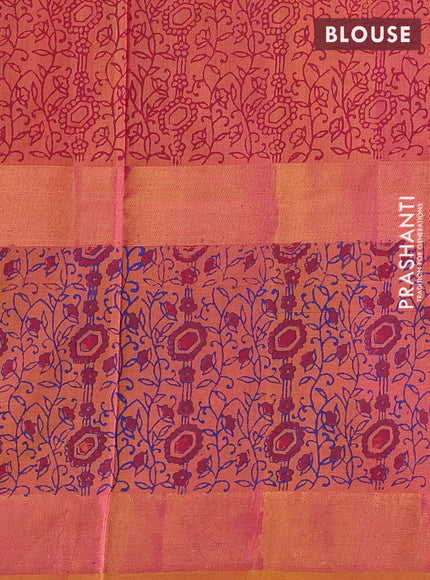 Uppada block printed saree pink and dual shade of mustard yellow with butta prints and long printed zari woven border