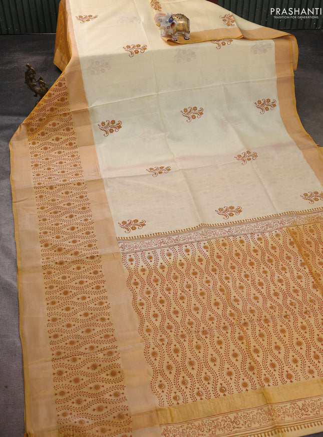 Uppada block printed saree cream and pale yellow with butta prints and long printed zari woven border