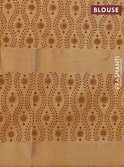 Uppada block printed saree cream and pale yellow with butta prints and long printed zari woven border