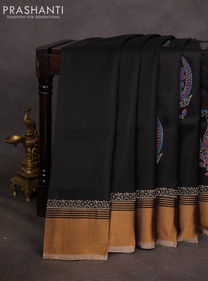 Uppada block printed saree black and beige with butta prints and zari woven border