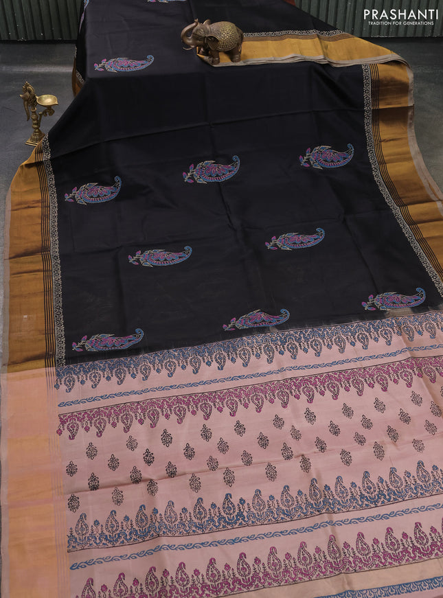 Uppada block printed saree black and beige with butta prints and zari woven border