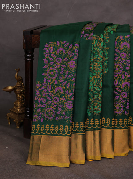 Uppada block printed saree bottle green and mustard yellow with prints and zari woven border