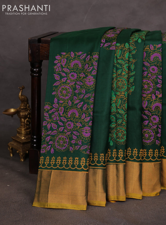 Uppada block printed saree bottle green and mustard yellow with prints and zari woven border