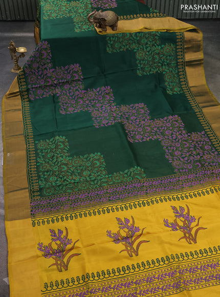Uppada block printed saree bottle green and mustard yellow with prints and zari woven border