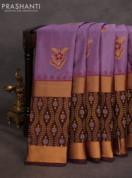 Uppada block printed saree pastel purple and coffee brown with butta prints and long printed zari woven border