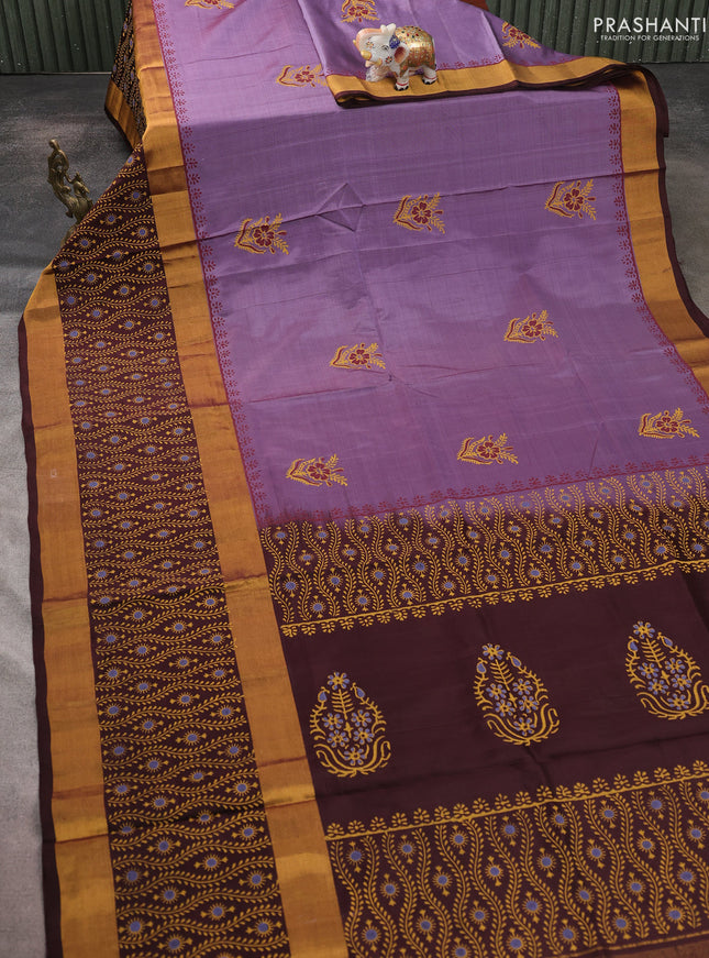 Uppada block printed saree pastel purple and coffee brown with butta prints and long printed zari woven border