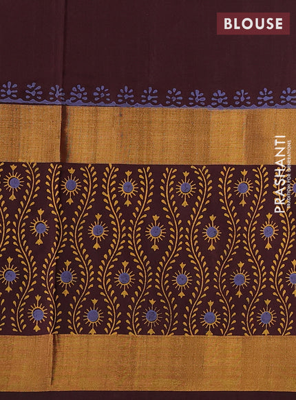 Uppada block printed saree pastel purple and coffee brown with butta prints and long printed zari woven border
