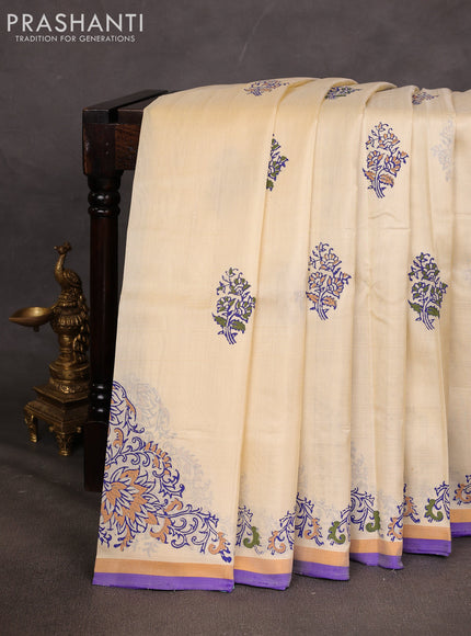 Uppada block printed saree cream and royal blue with butta prints and small zari woven border