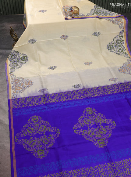 Uppada block printed saree cream and royal blue with butta prints and small zari woven border
