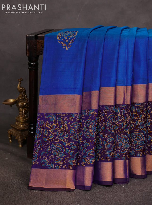 Uppada block printed saree cs blue and violet with floral prints and long printed zari woven border
