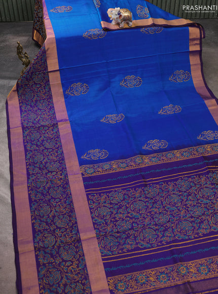 Uppada block printed saree cs blue and violet with floral prints and long printed zari woven border