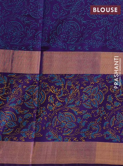 Uppada block printed saree cs blue and violet with floral prints and long printed zari woven border