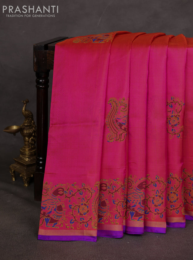 Uppada block printed saree pink and royal blue with kalamkari prints and small zari woven border