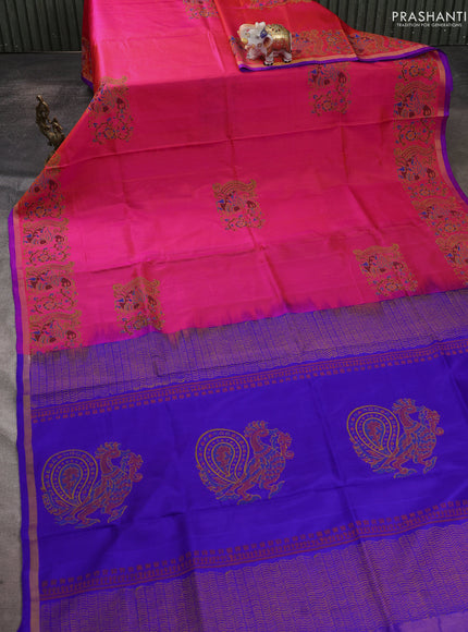 Uppada block printed saree pink and royal blue with kalamkari prints and small zari woven border