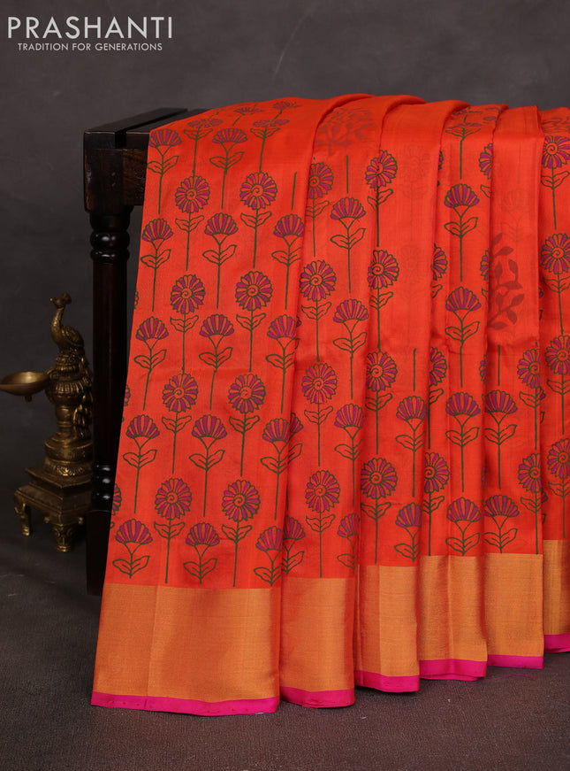 Uppada block printed saree orange and pink with butta prints and zari woven border