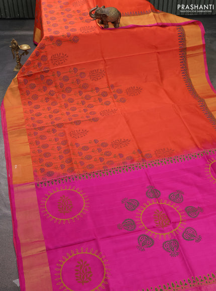 Uppada block printed saree orange and pink with butta prints and zari woven border