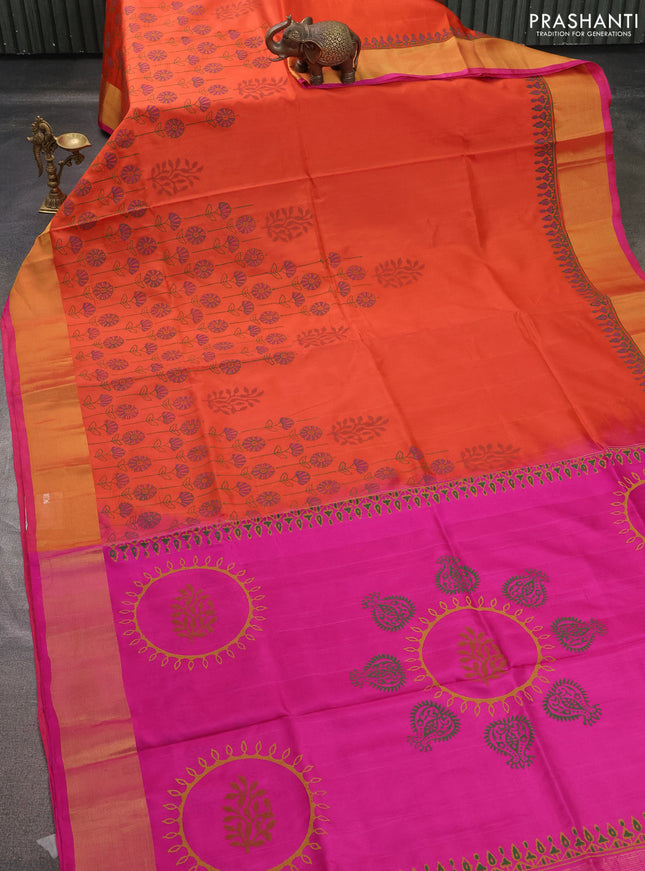 Uppada block printed saree orange and pink with butta prints and zari woven border
