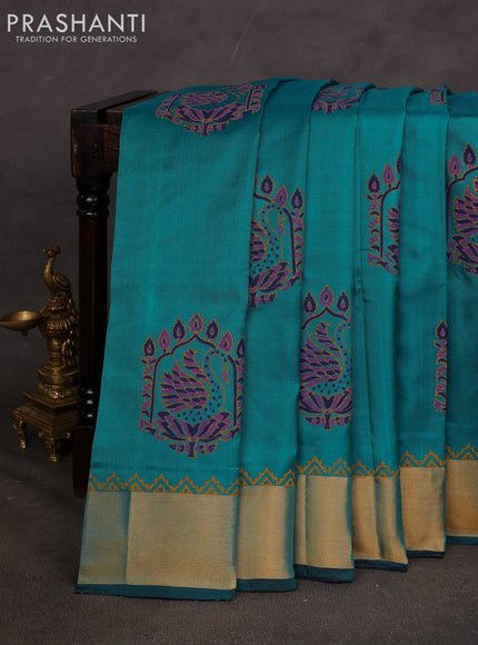Uppada block printed saree teal green and navy blue with butta prints and zari woven border