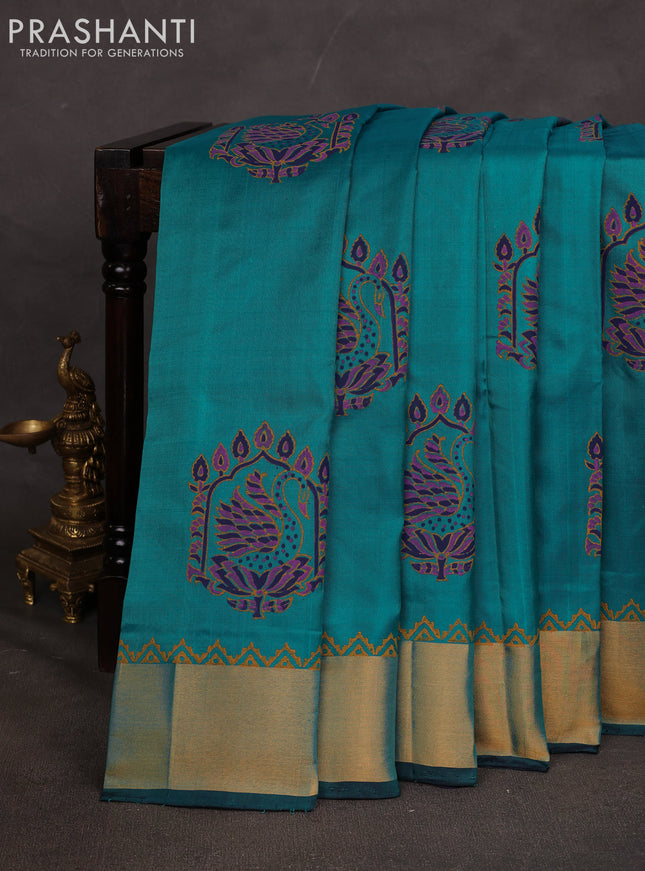 Uppada block printed saree teal green and navy blue with butta prints and zari woven border