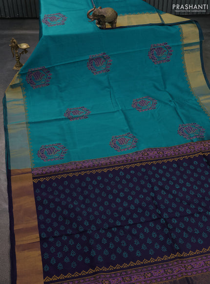 Uppada block printed saree teal green and navy blue with butta prints and zari woven border