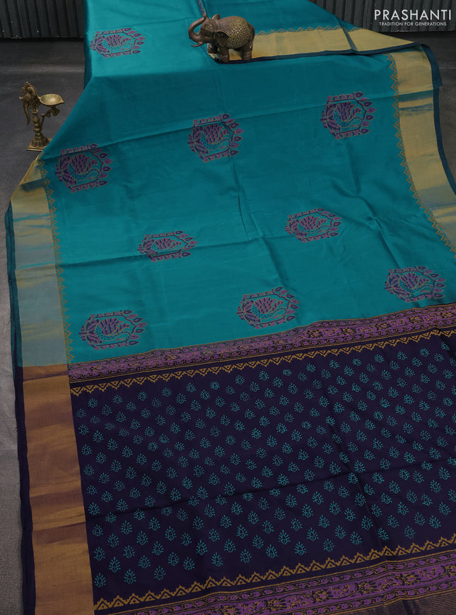 Uppada block printed saree teal green and navy blue with butta prints and zari woven border