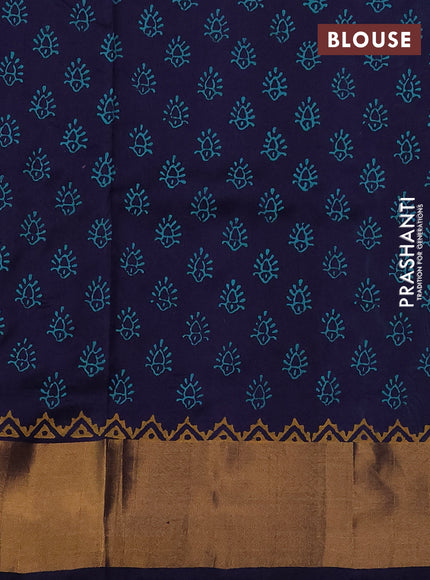 Uppada block printed saree teal green and navy blue with butta prints and zari woven border